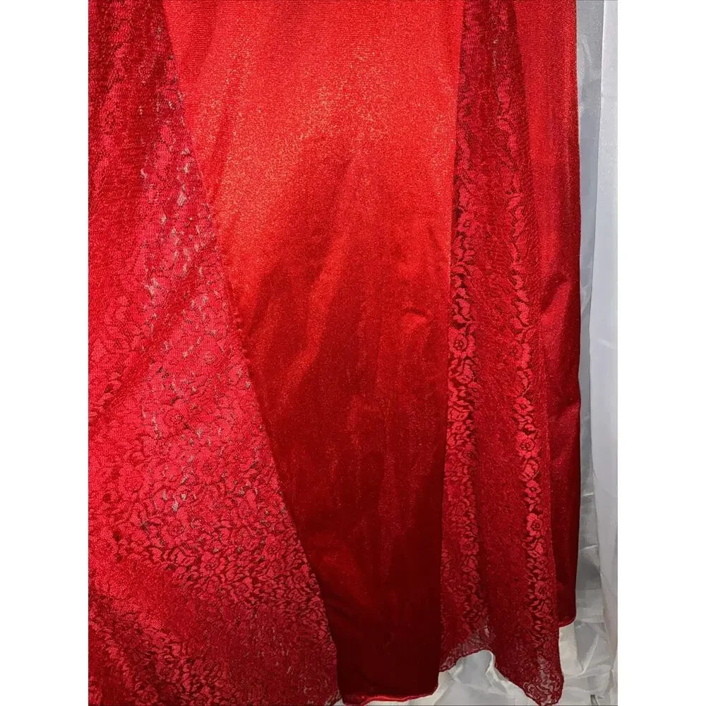 Vintage Petra Fashions Rich Crimson Red Silky Nightgown Lace Inset Panels Sz XL